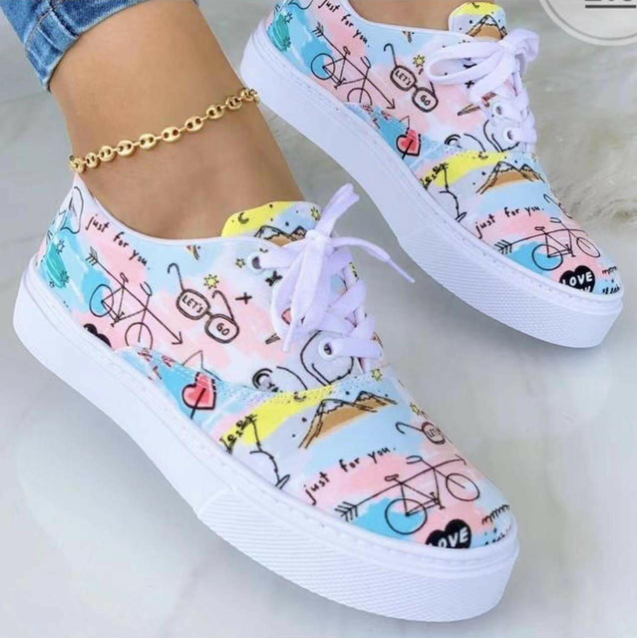 Lace-up Flats Shoes Print Canvas Fashion Walking Sneakers Women.