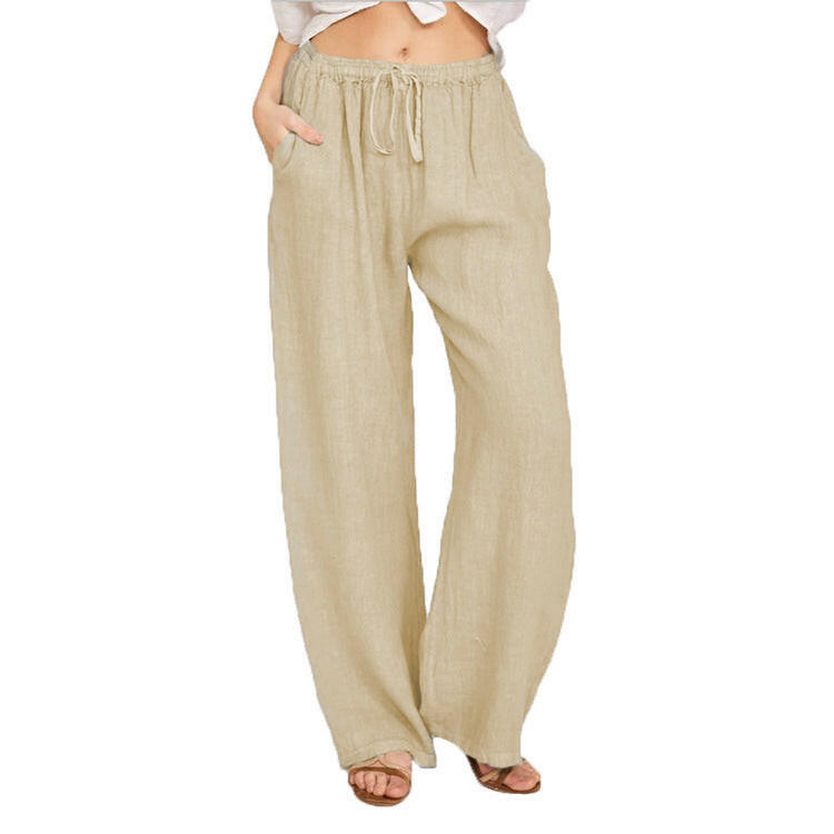 Soft Casual Drawstring Tie Trousers Summer Elastic Waist Loose Jogger Pants With Pockets.
