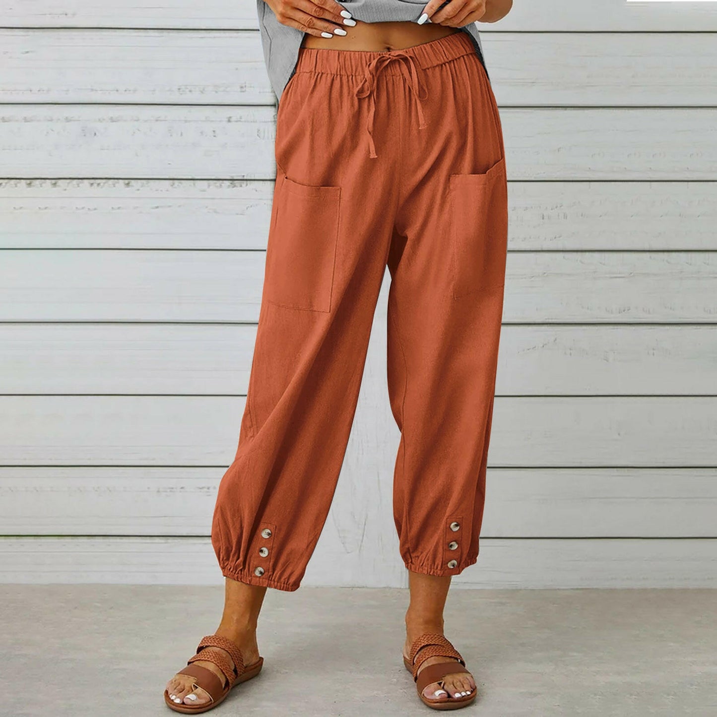 Women Drawstring Tie Pants Spring Summer Cotton And Linen Trousers With Pockets Button.