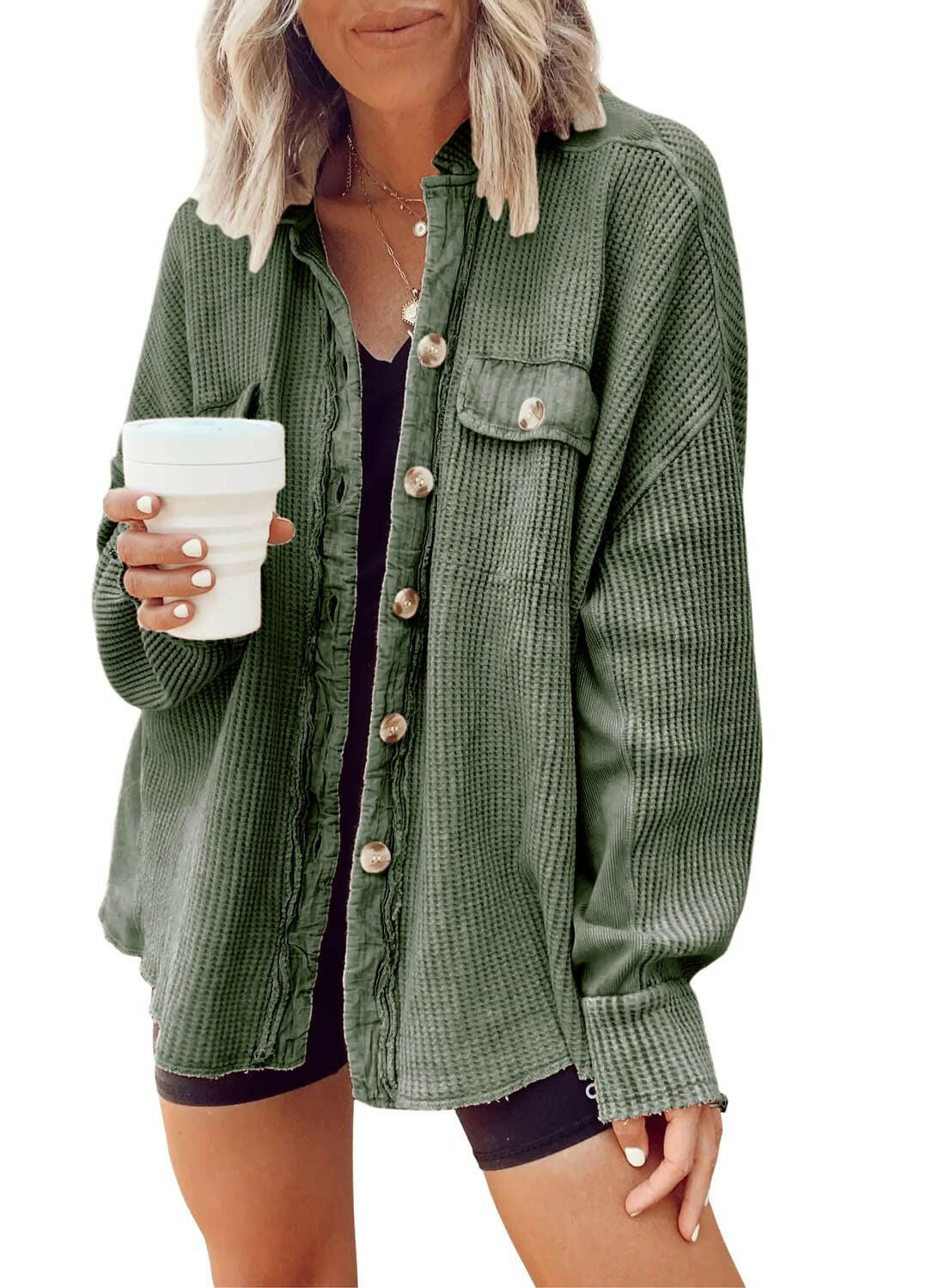Button Shirt Jacket Women Lapel Long Sleeve Blouse Fashion Jacket Tops.
