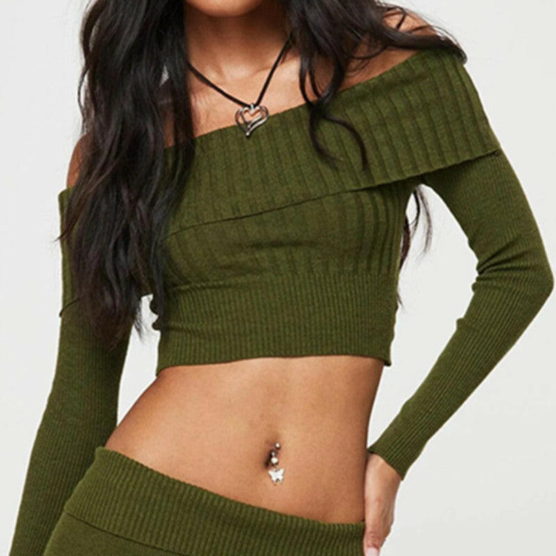 Boat Neck Long Sleeve Knitted Sweater Off-shoulder Crop Short Top SFor Womens Clothing.