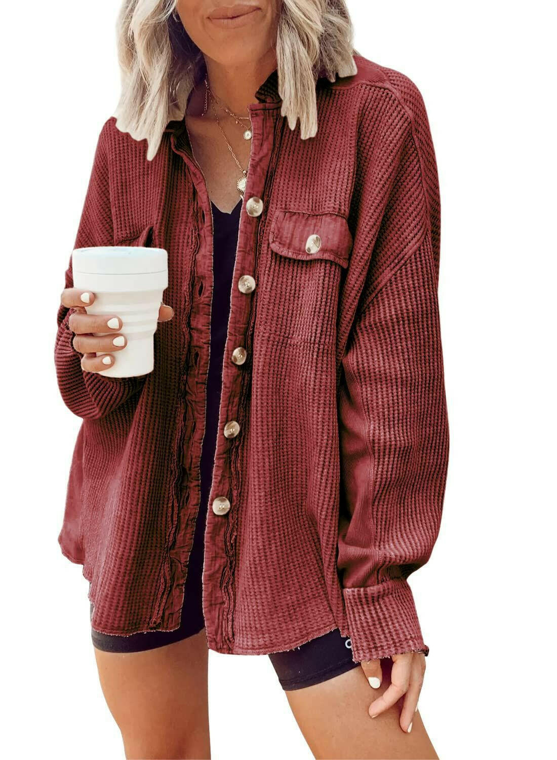 Button Shirt Jacket Women Lapel Long Sleeve Blouse Fashion Jacket Tops.