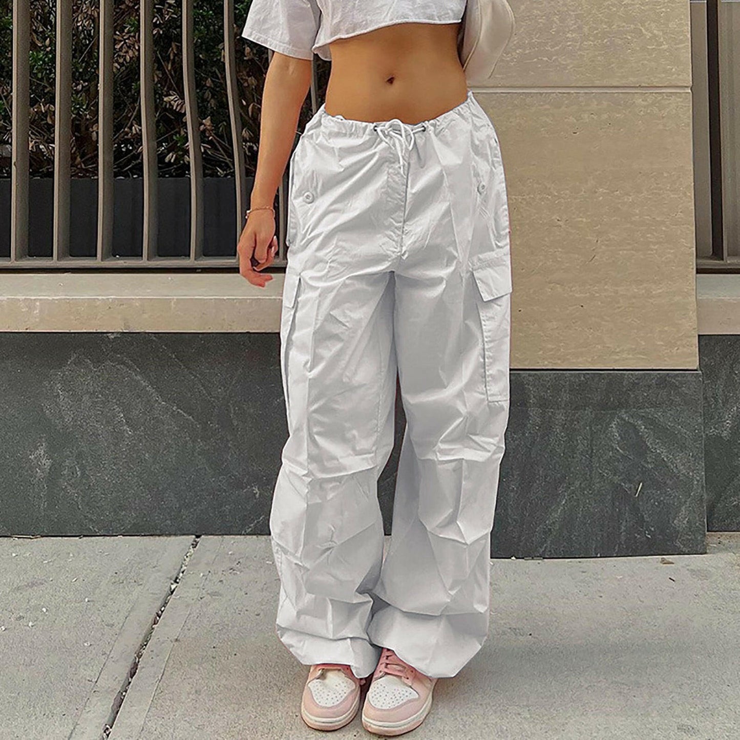 Casual Cargo Pants For Women Solid Color Drawstring Pocket Design Fashion Street Trousers Girls.