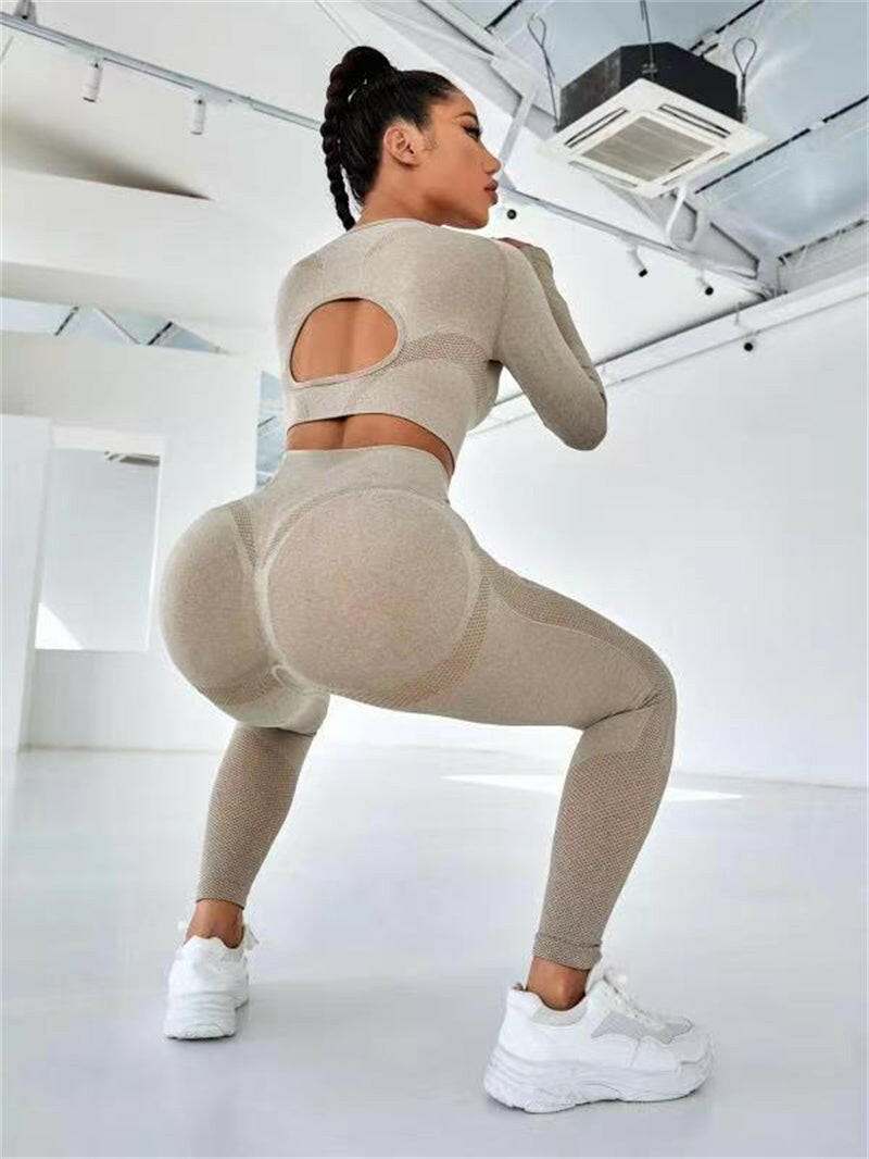 2pcs Sports Suits Long Sleeve Hollow Design Tops And Butt Lifting High Waist Seamless Fitness Leggings Sports Gym Sportswear Outfits Clothing.