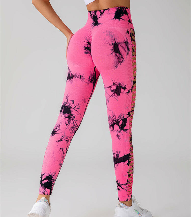 Hollow Tie Dye Printed Yoga Pants High Waist Butt Lift Seamless Sports Gym Fitness Leggings Slim Pants For Women Tight Trousers.