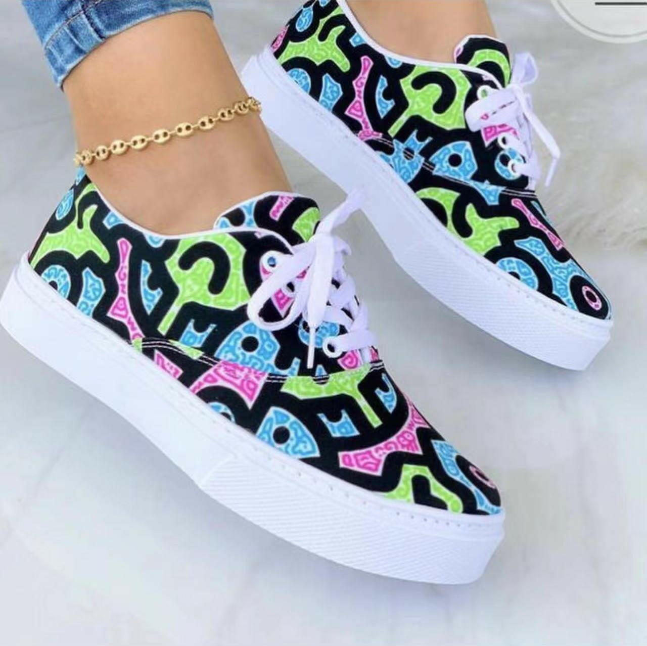 Lace-up Flats Shoes Print Canvas Fashion Walking Sneakers Women.