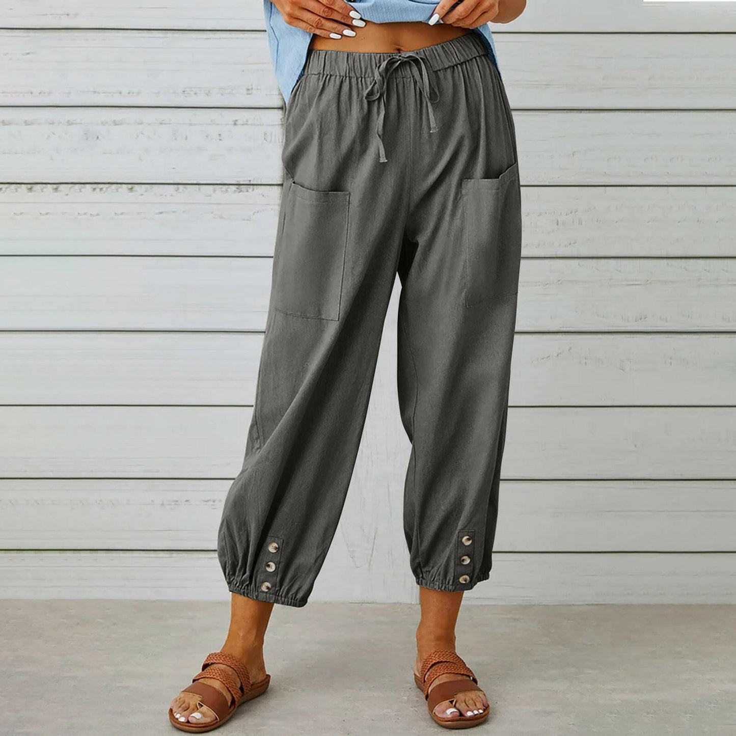 Women Drawstring Tie Pants Spring Summer Cotton And Linen Trousers With Pockets Button.