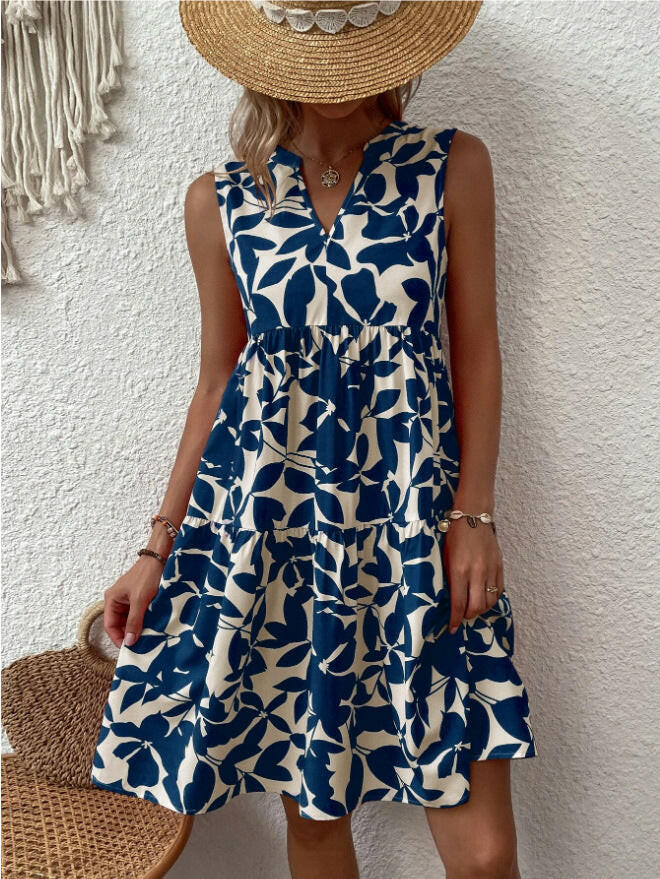 Bohemian Dresses Summer Beach Fashion Loose V-neck Pleated Print Sleeveless Dress For Women.
