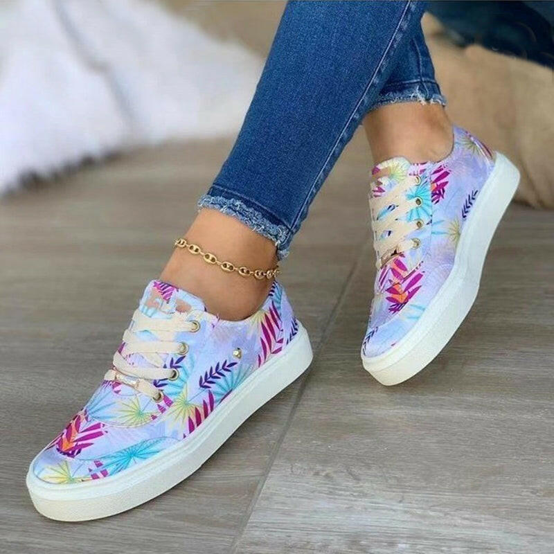 Canvas Shoes For Women Lace-Up Flats Leaves Print Casual Sneakers Round Toe Shoes.