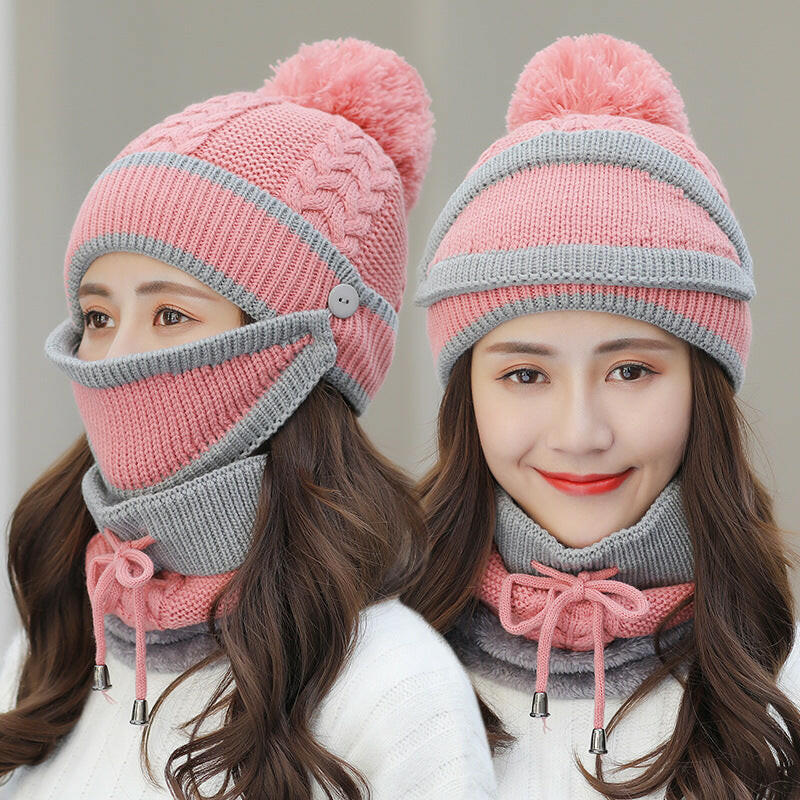 Winter Hat For Women 3pcs Knitted Beanie Hat Scarf Set Warm Hat.