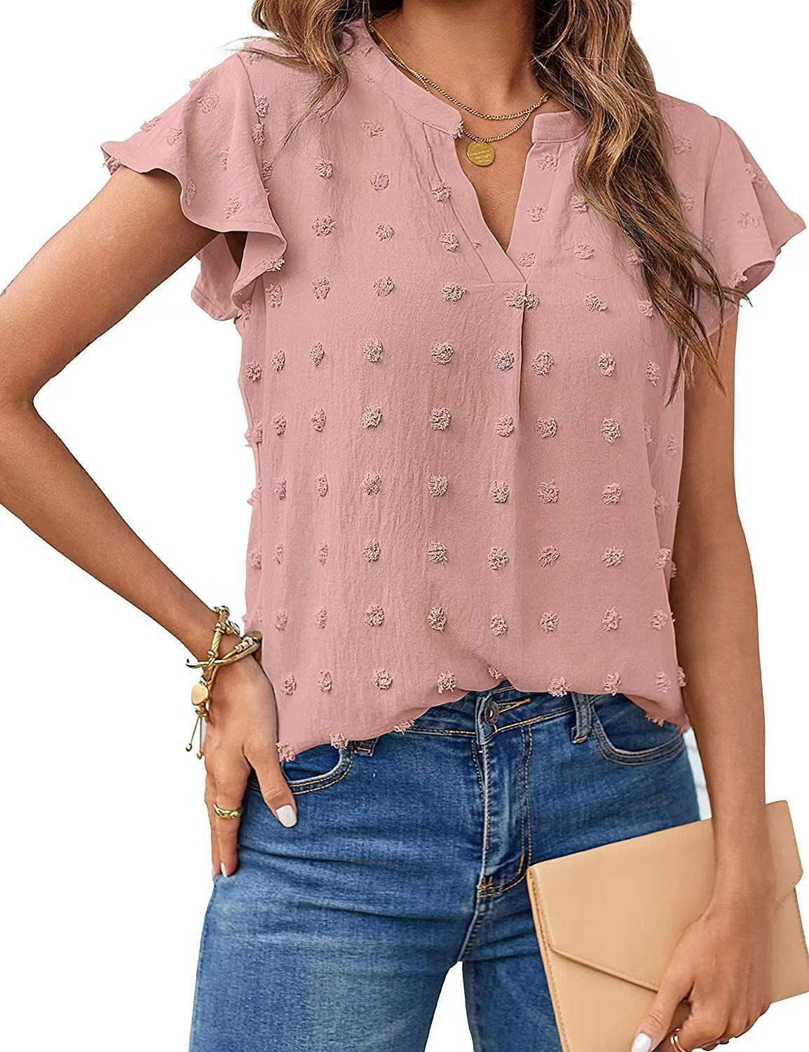 Women Summer V Neck Ruffle Short Sleeve Blouse Dot Flowy Shirt Top.
