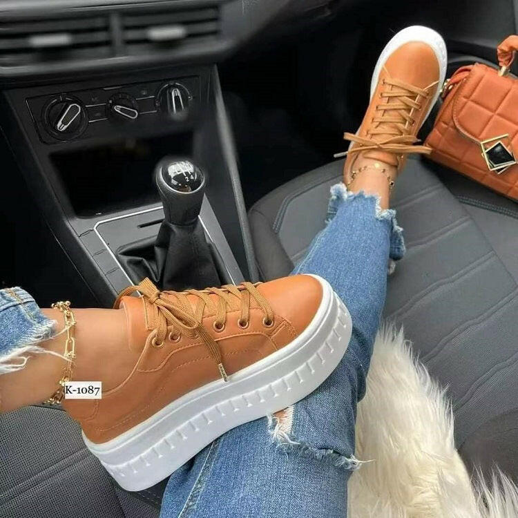 Chunky Heel Shoes Ankle Boots Lace-up Sneakers For Women.