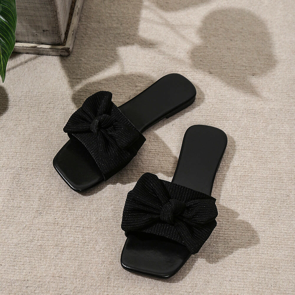 Bow-knot Slippers Outdoor Flat Beach Shoes Square Toe Sandals.