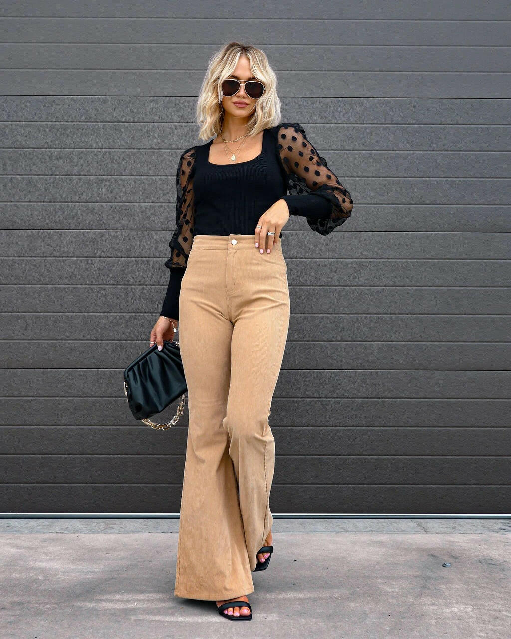 Solid Color Mid-waist Slim-fit Micro Flared Pants Corduroy.
