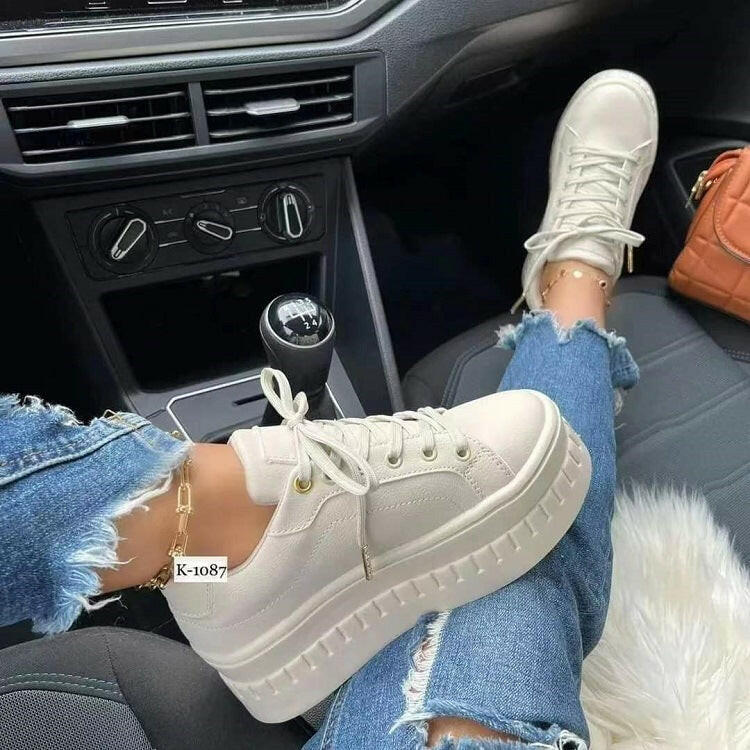 Chunky Heel Shoes Ankle Boots Lace-up Sneakers For Women.