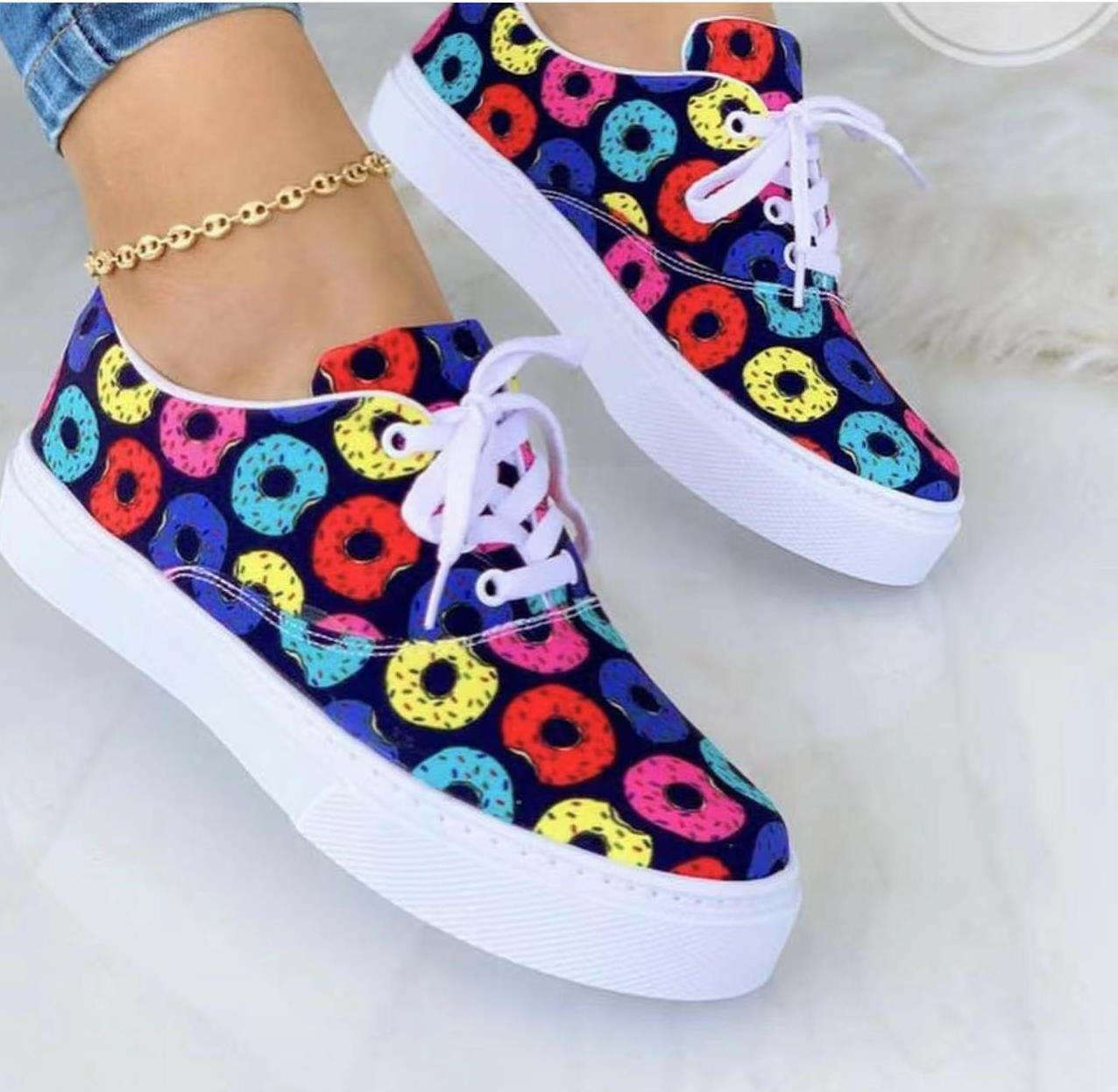 Lace-up Flats Shoes Print Canvas Fashion Walking Sneakers Women.
