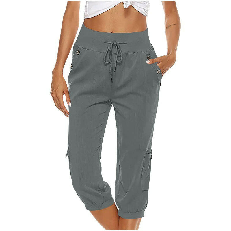Women's Cropped Pants Cotton Linen Cargo Pocket Casual Pants.