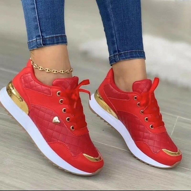Plaid Sneakers Women Patchwork Lace Up Shoes With Love Decor.