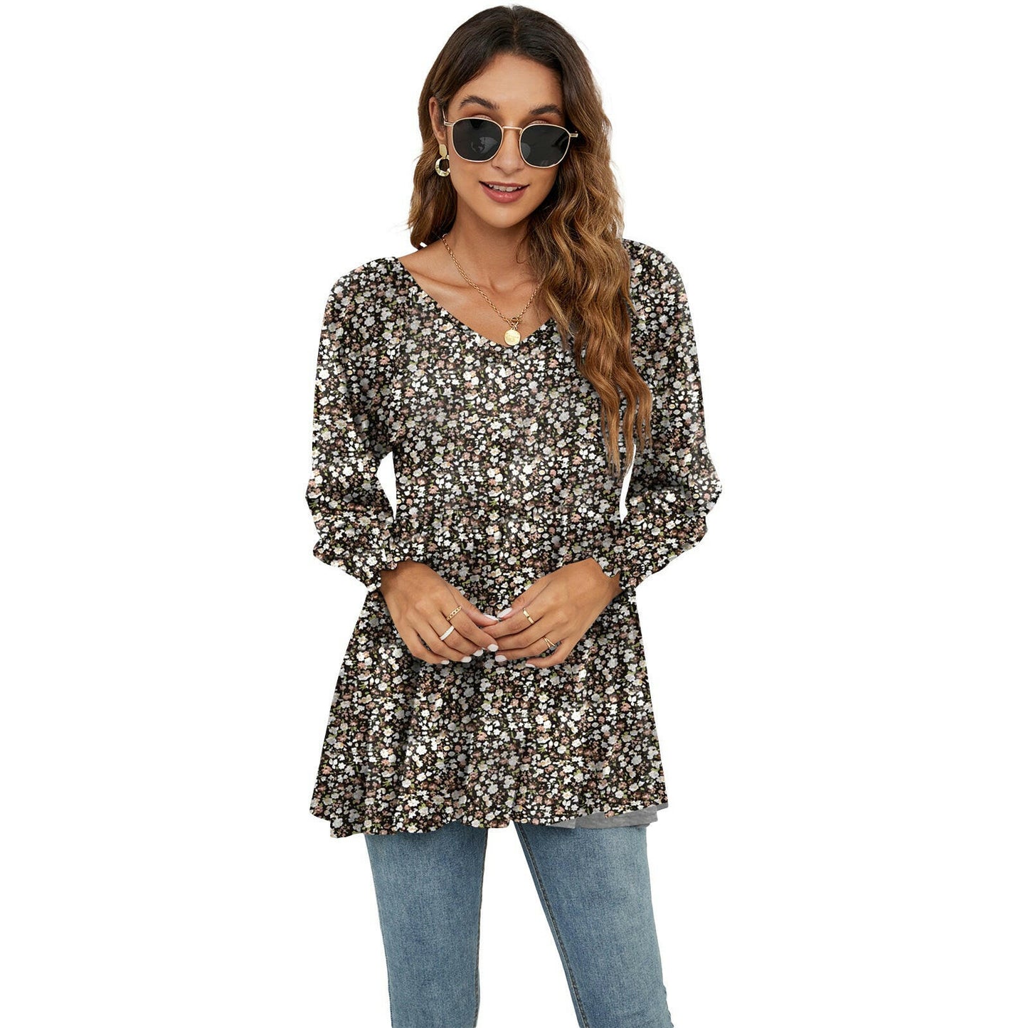 Long Puff Sleeve Tops Women Flowers Print Casual V-Neck Blouse T-Shirts Babydoll Tops.