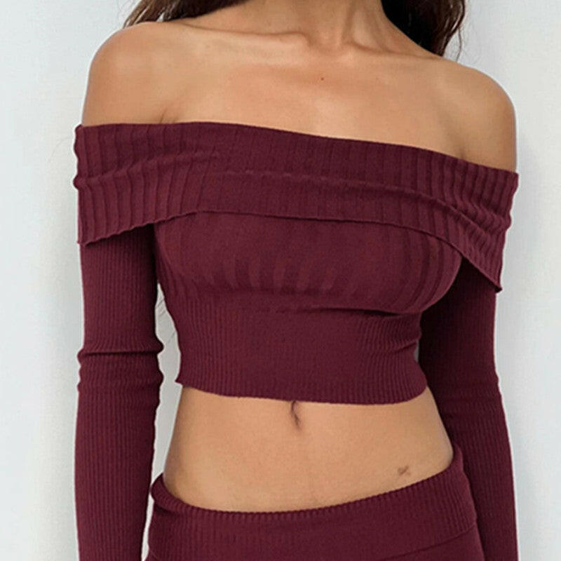 Boat Neck Long Sleeve Knitted Sweater Off-shoulder Crop Short Top SFor Womens Clothing.