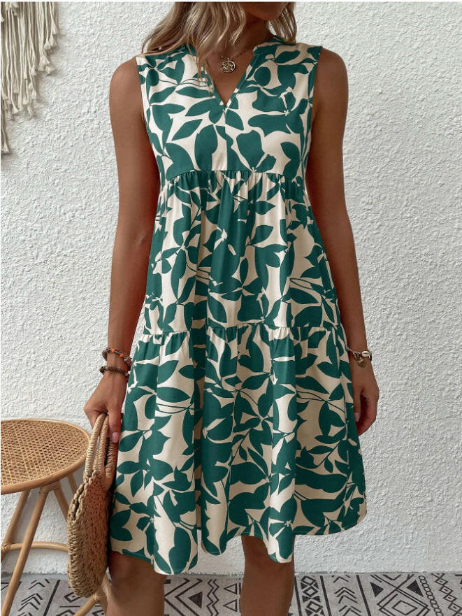 Bohemian Dresses Summer Beach Fashion Loose V-neck Pleated Print Sleeveless Dress For Women.