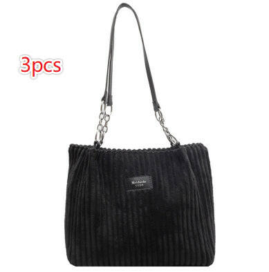 Retro Large Capacity Shoulder Bag Casual Simple Portable Shopper Tote Bag Corduroy Solid Commuter Zipper Women's Handbag Kashur Mart .