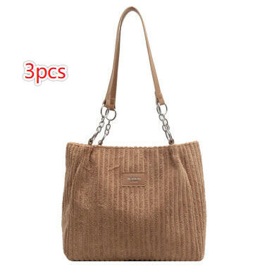 Retro Large Capacity Shoulder Bag Casual Simple Portable Shopper Tote Bag Corduroy Solid Commuter Zipper Women's Handbag Kashur Mart .