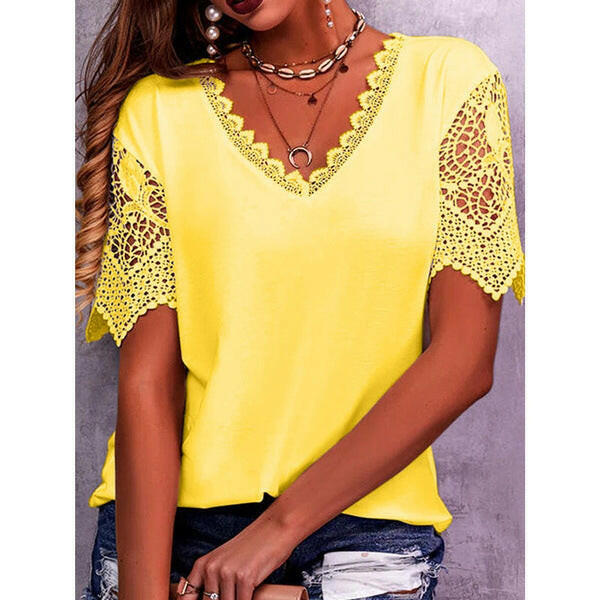 Lace Tops Women Summer Loose V Neck Short Sleeve Casual Shirts.