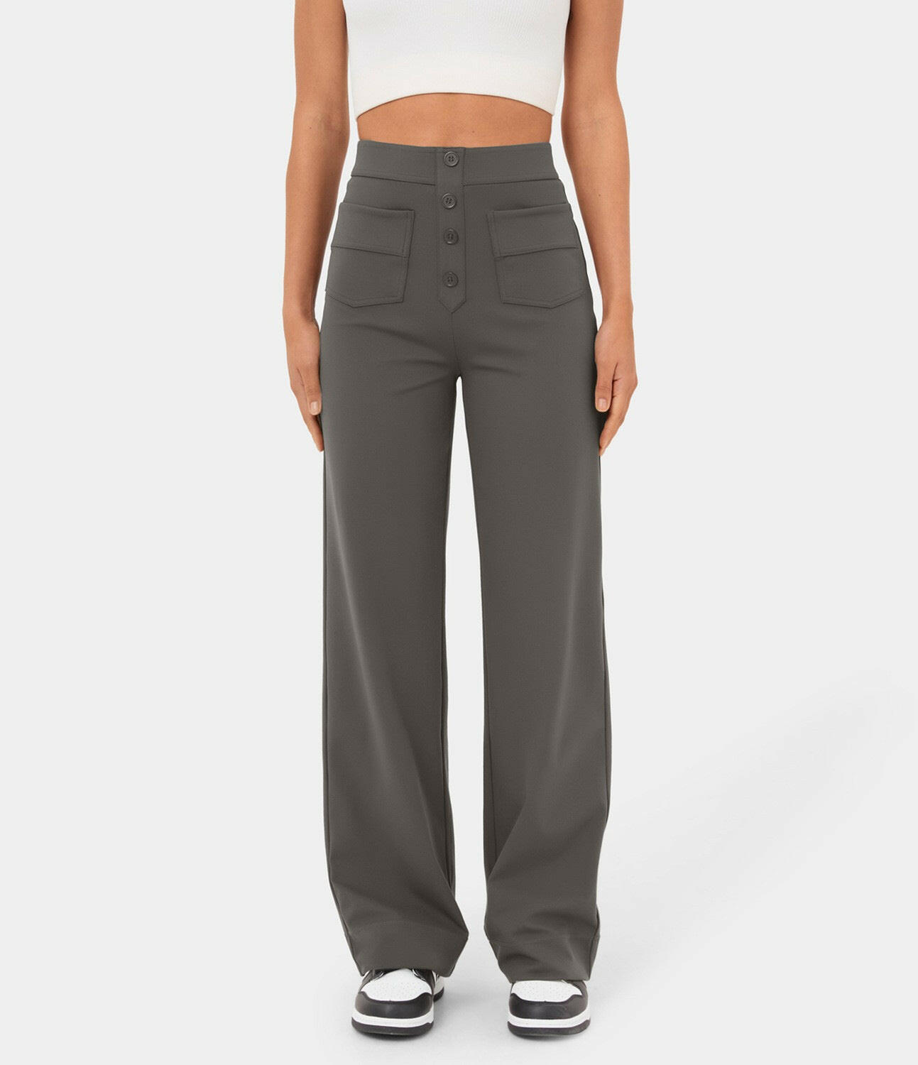 High Waist Trousers With Pockets Casual Loose Wide Leg Button Straight Pants Women's Clothing.