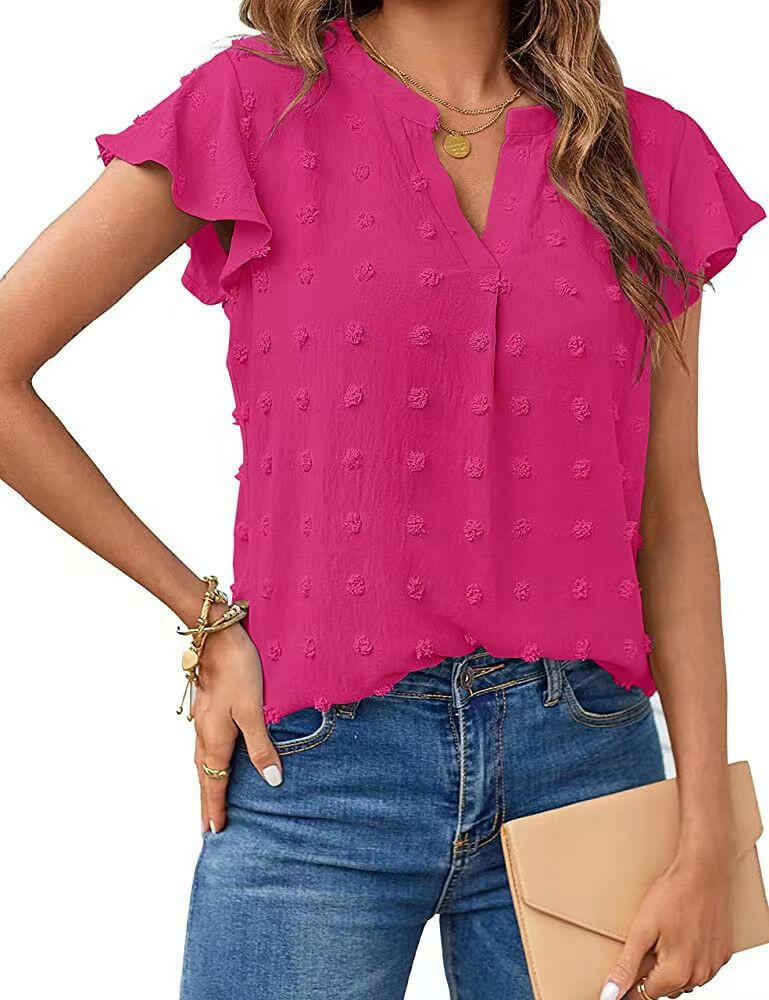 Women Summer V Neck Ruffle Short Sleeve Blouse Dot Flowy Shirt Top.