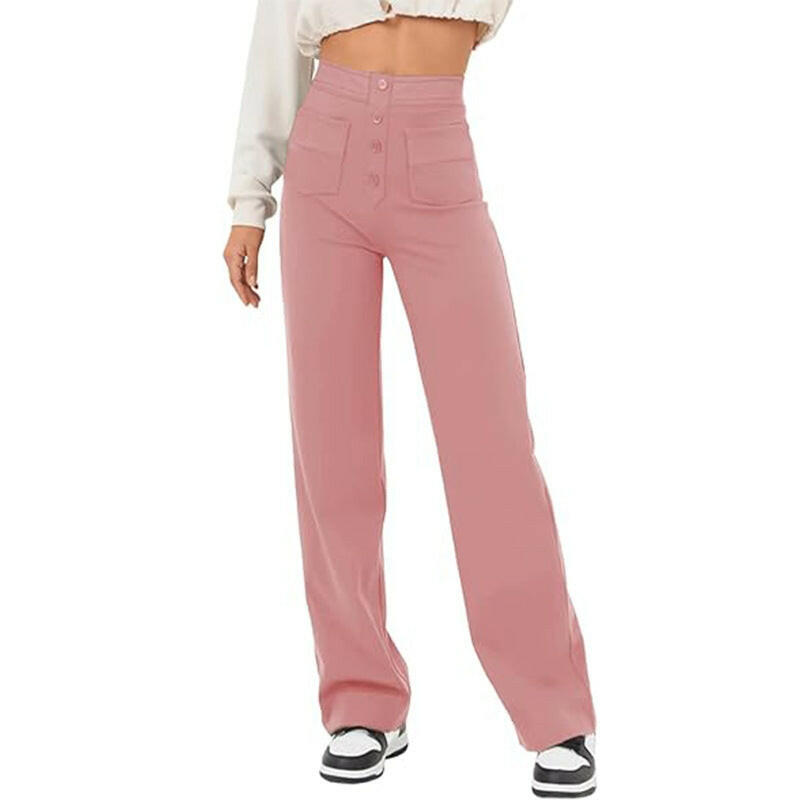 High Waist Trousers With Pockets Casual Loose Wide Leg Button Straight Pants Women's Clothing.