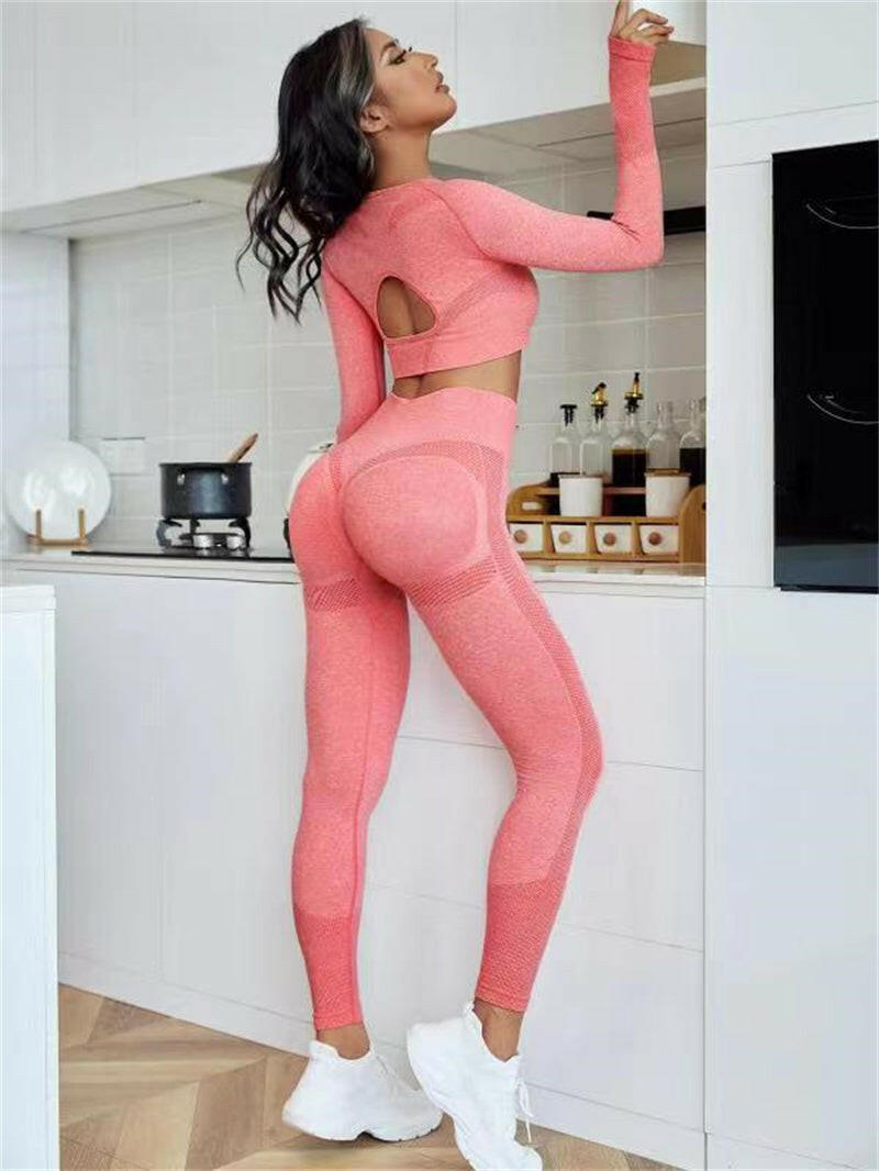 2pcs Sports Suits Long Sleeve Hollow Design Tops And Butt Lifting High Waist Seamless Fitness Leggings Sports Gym Sportswear Outfits Clothing.