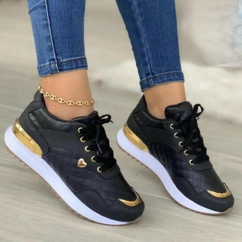 Plaid Sneakers Women Patchwork Lace Up Shoes With Love Decor.