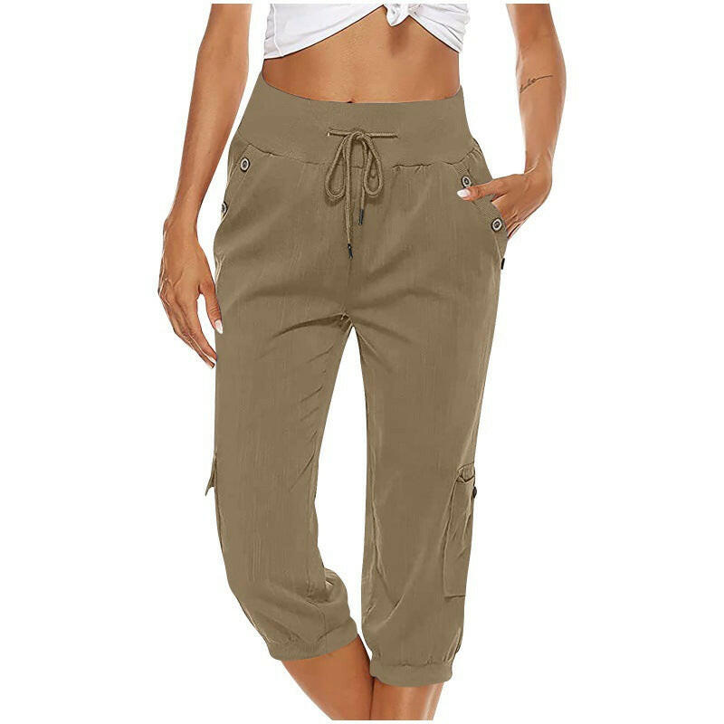 Women's Cropped Pants Cotton Linen Cargo Pocket Casual Pants.