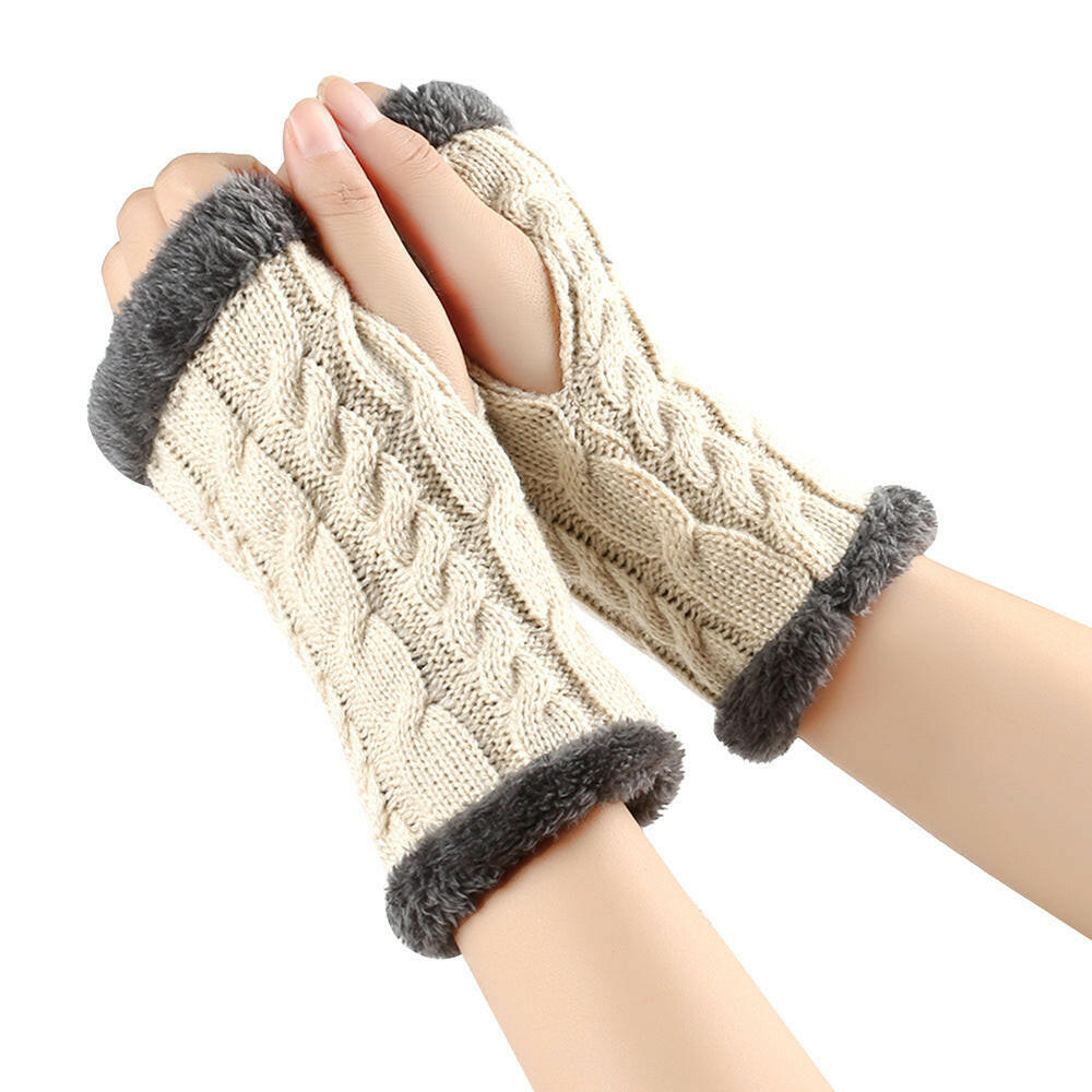 Winter Plush Gloves Twist Knitted Fingerless Fleece Gloves Women Warm Thickened Woolen Gloves.