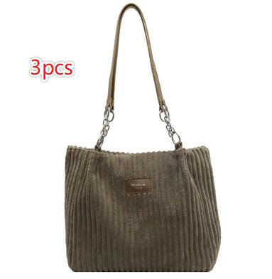 Retro Large Capacity Shoulder Bag Casual Simple Portable Shopper Tote Bag Corduroy Solid Commuter Zipper Women's Handbag Kashur Mart .