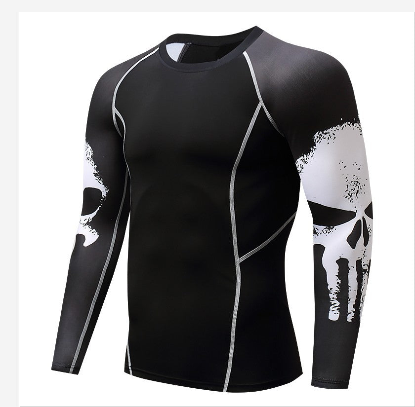Skull Print Long Sleeve Men's Workout Clothes Stretch Quick Drying Clothes Basketball Riding Running Suit Round Neck Tight T-shirt.