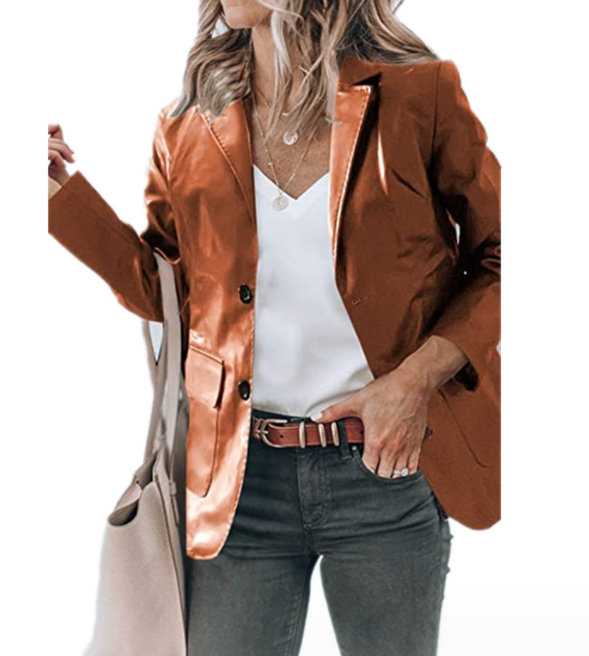 Lapel Single Breasted Solid Color PU Leather Women's Coat.