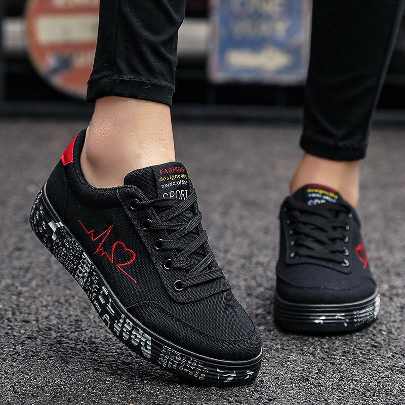 Love Print Canvas Shoes Women Men Flats Lace-up Casual Shoes Lover Sports Shoes Valentines Day.