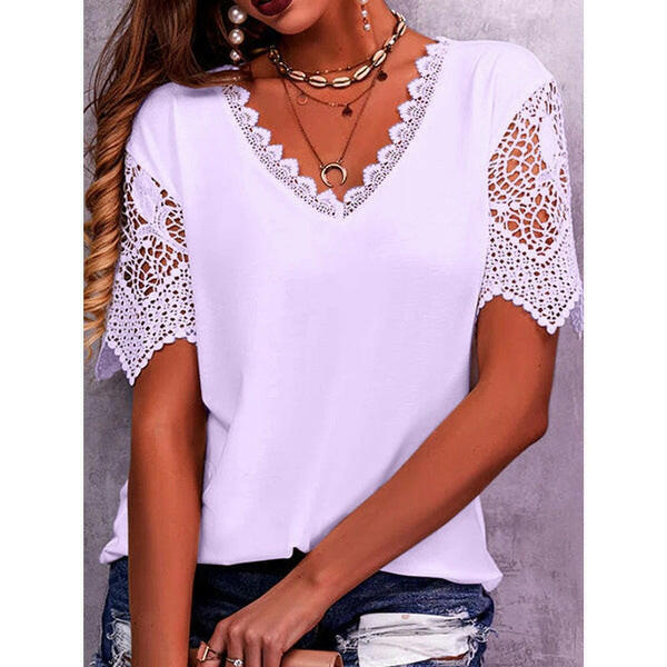 Lace Tops Women Summer Loose V Neck Short Sleeve Casual Shirts.