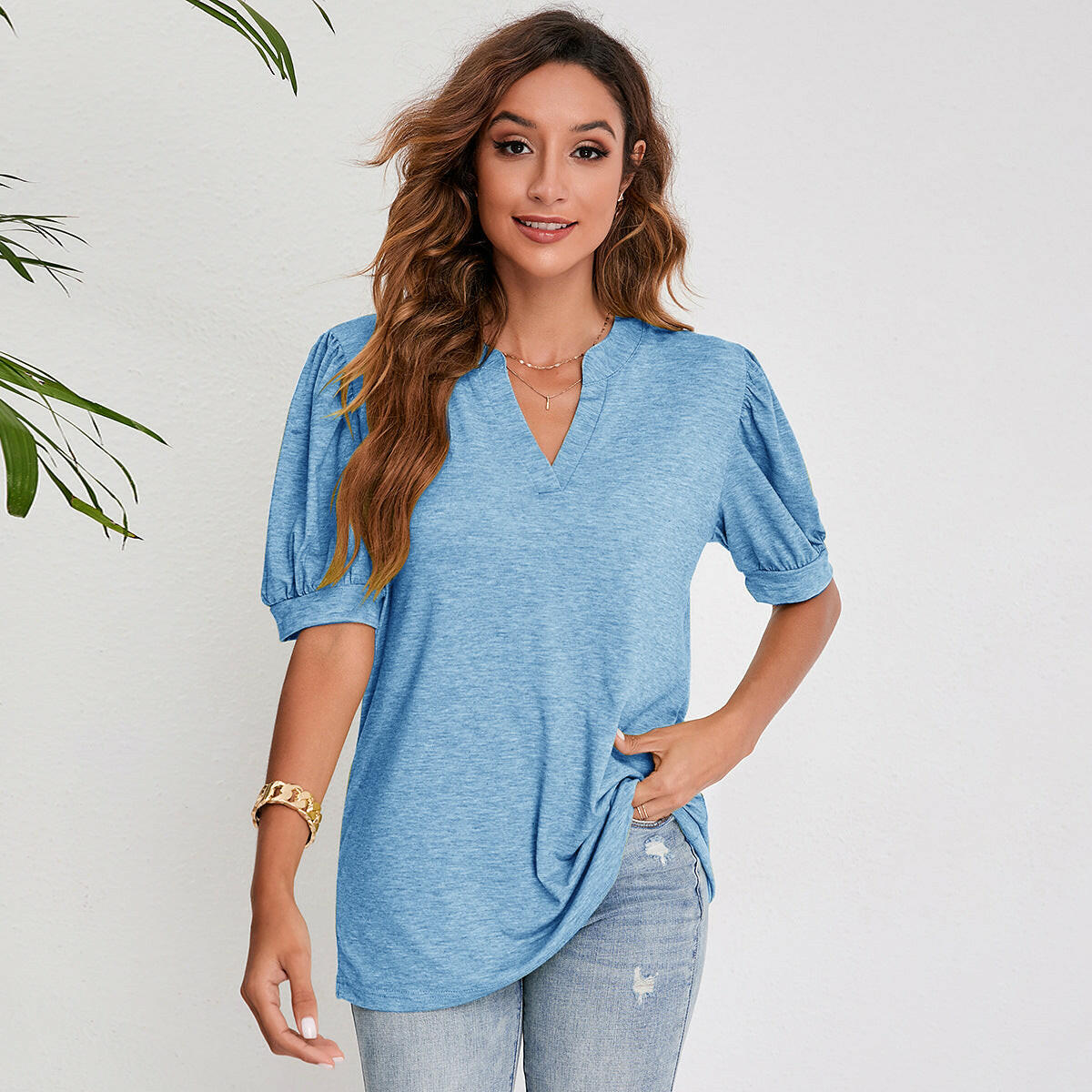 Women's Pleated Puff Sleeve Tops Summer V Neck T Shirts Casual Loose Blouses.