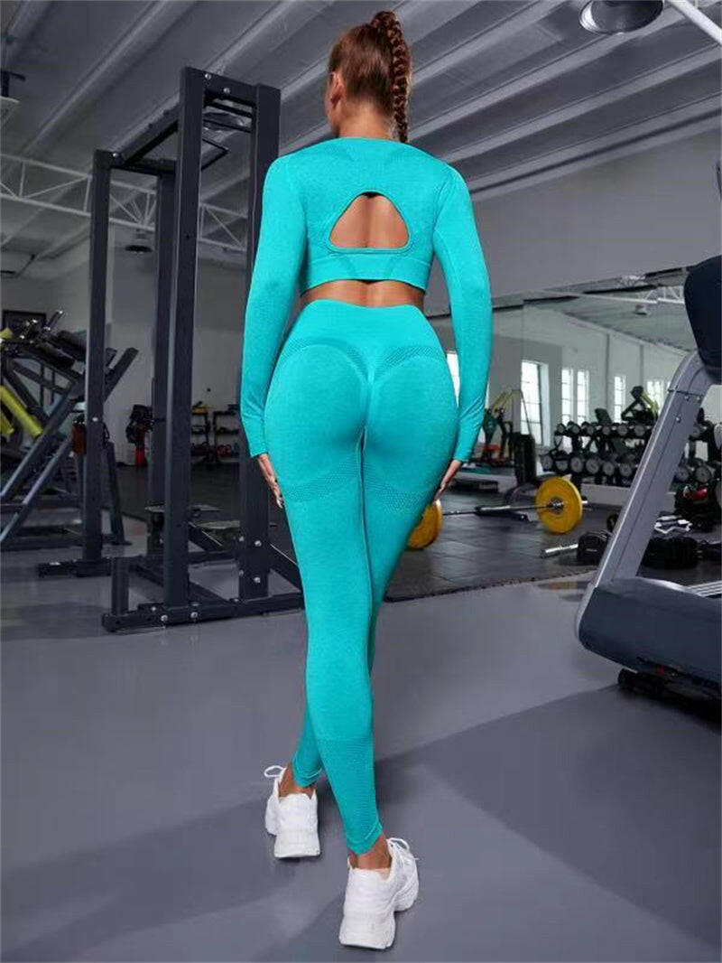 2pcs Sports Suits Long Sleeve Hollow Design Tops And Butt Lifting High Waist Seamless Fitness Leggings Sports Gym Sportswear Outfits Clothing.