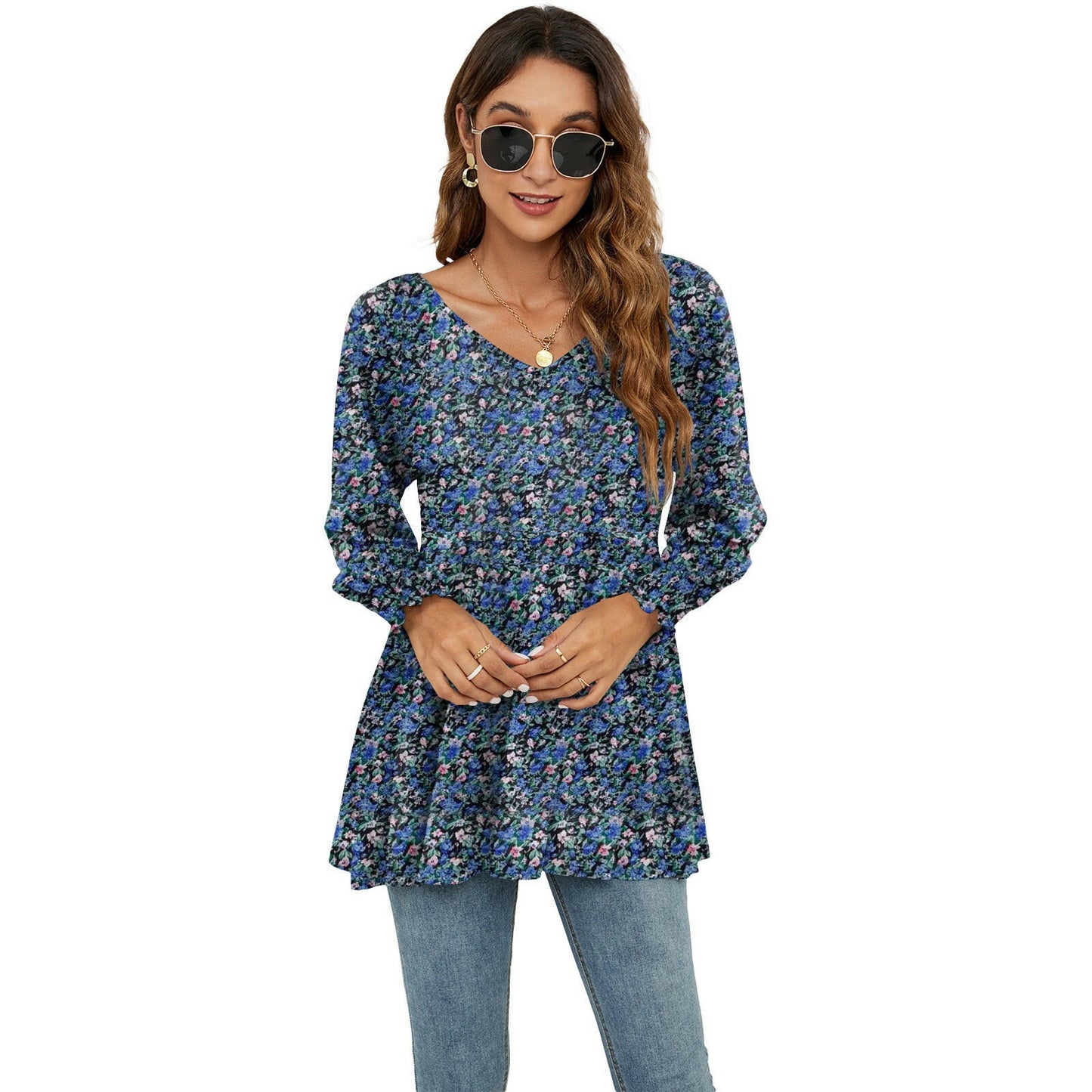 Long Puff Sleeve Tops Women Flowers Print Casual V-Neck Blouse T-Shirts Babydoll Tops.