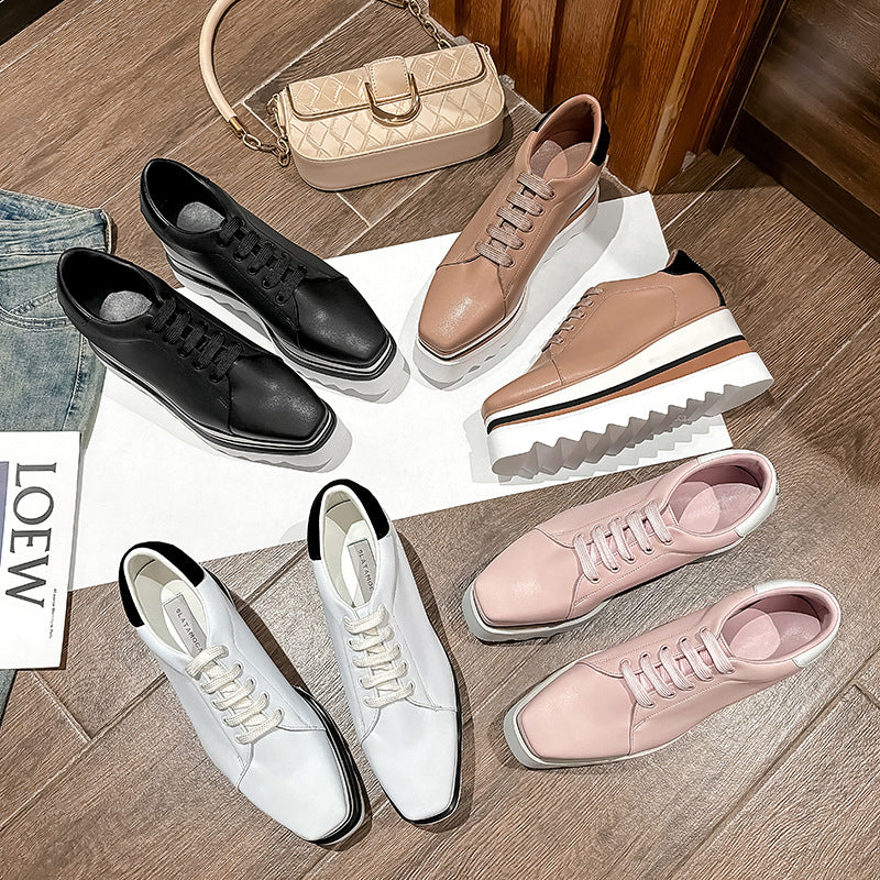 British Style Thick Platform Square Toe Wedge Heel Waterproof Platform Striped Platform Sole Tied Women's Single Shoes