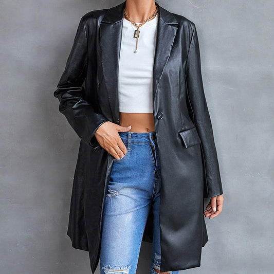 Women's Leather Slim Long-sleeved Windbreaker Blazer Top.