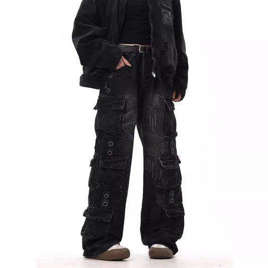 Used washed worn out metal decorated multi pocket denim work pants
