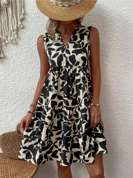 Bohemian Dresses Summer Beach Fashion Loose V-neck Pleated Print Sleeveless Dress For Women.