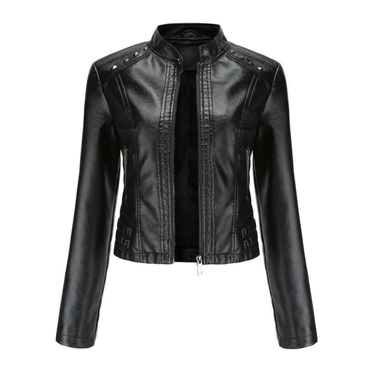 Studded Leather Women Short Jacket Long Sleeves.