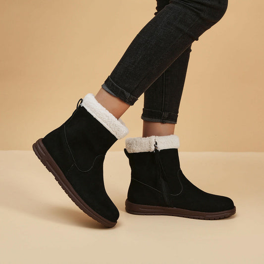 Winter Snow Boots New Fashion Lamb Thickened Warm Fleece Short Boots With Side Zpipper Design Solid Shoes For Women.