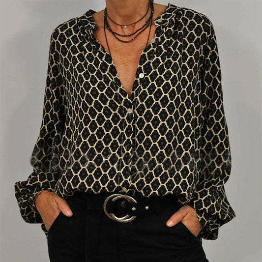 Fashion Lozenge Print V-Neck Shirt Casual Loose Long Sleeve Top Women's Clothing.